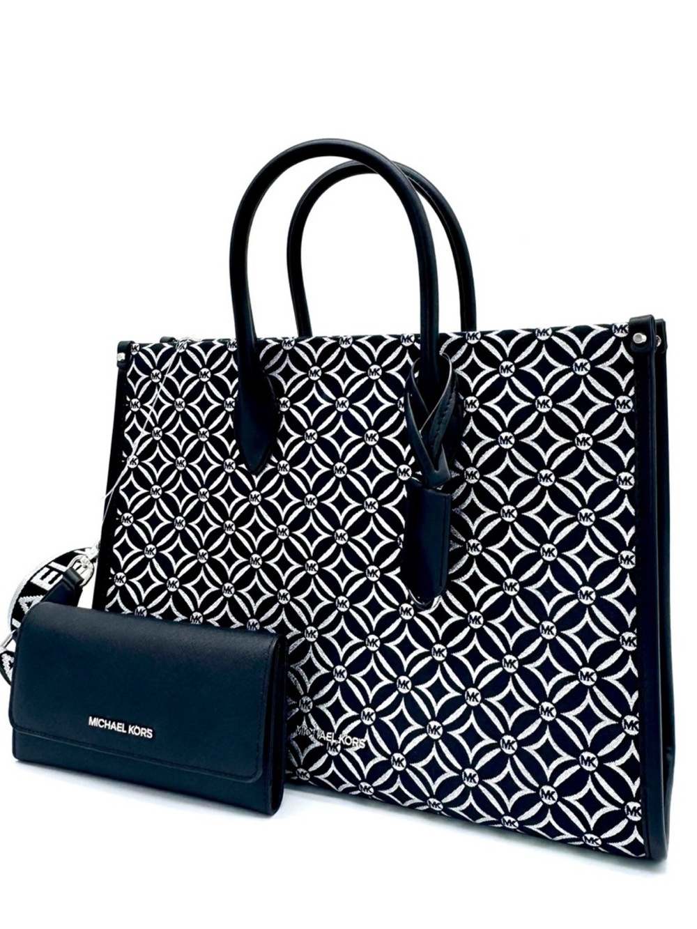Michael Kors Medium Mirella Tote Bag & Large Trifold Wallet - Black /Silver